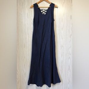 LAVINIA TEMPLE MADE IN ITALY NAVY BLUE 100% LINEN LACE UP BACK MIDI DRESS